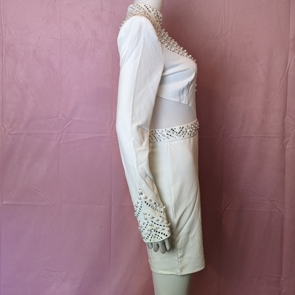 Banjul White Long Sleeve Mesh Insert Pearl Embellished Mini Dress Shoulder Large - Picture 4 of 10